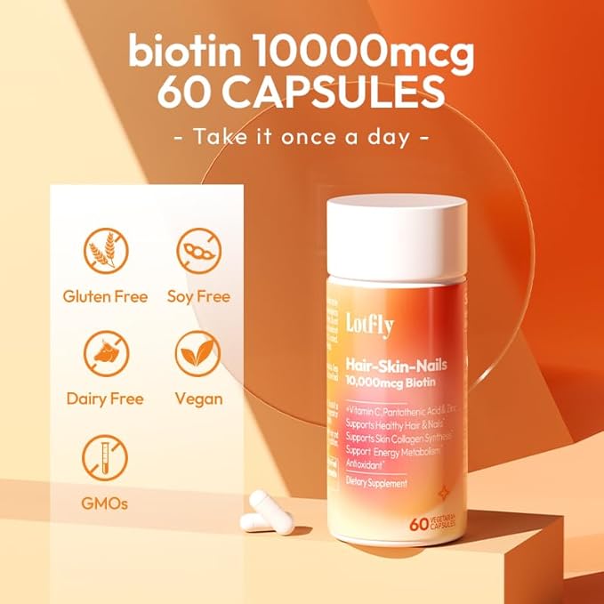 Biotin 10000 mcg with Zinc, Vitamin C & Calcium Pantothenate – Supports Healthy Hair Growth, Strong Nails & Glowing Skin for Women & Men | Made in The USA | 120 Vegan Capsules (4 Months Supply)