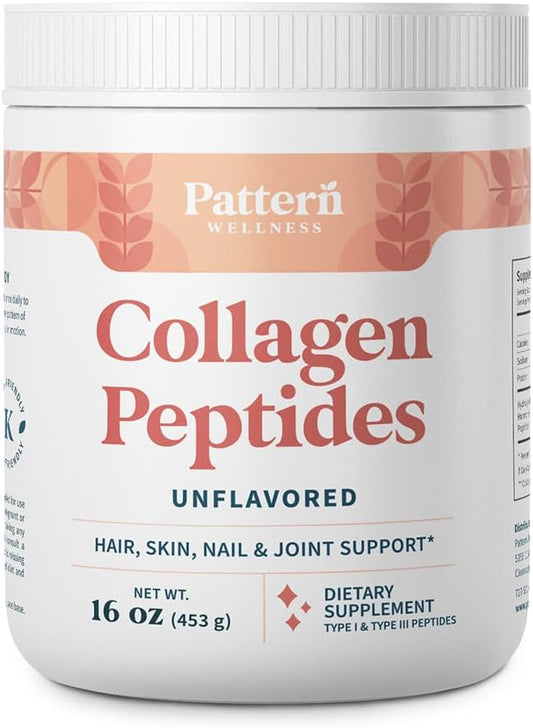 Pattern Wellness Collagen Peptides Powder (Type I & III) - Hair, Nails, Skin & Joint Support - Grass Fed & Pasture-Raised - Hydrolyzed, Non-GMO, Dairy Free, & Keto-Friendly - Unflavored (16 Oz)