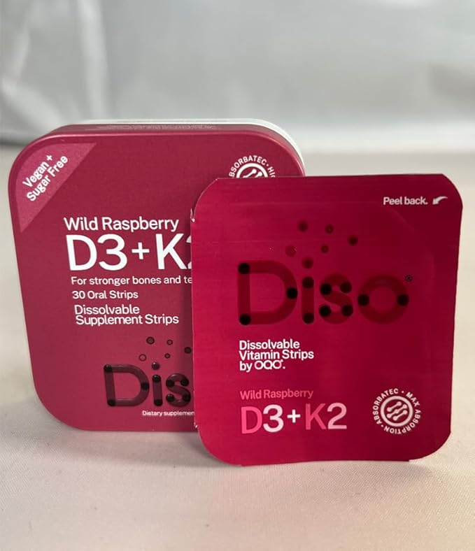 DISO - D3+K2 - Dissolvable Supplement Oral Strips, Wild Raspberry Flavor, Vegan, Sugar Free, Maximum Absorption, Gluten Free, Individually Wrapped, for Healthy Bones and Teeth, 30 Count