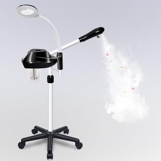 Professional Facial Steamer, 2 in 1 Ozone Facial Steamer on Wheels, with 5X Magnifying Lamp, Facial Steamer with Time Setting, Stand Facial Steamer Adjustable Height for Spa, Salon and at Home use