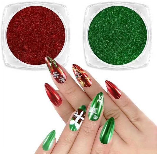 Allstarry Chrome Nail Powder - 2 Colors Red & Green Metallic Effect Mirror Glitter Powder Pigment Sparkling Holographic Manicure Magic Glitter Dust Kit for Christmas Nail Decoration
