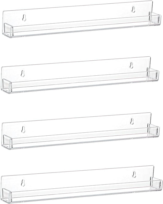 LikeU Nail Polish Rack Wall Mounted Shelf 4 Pack, Clear Acrylic Holder Organizer With Removable Anti-slip End Inserts, 4 Tiers Floating Display for 60 Bottles