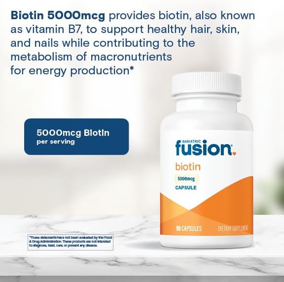 Bariatric Fusion Biotin 5000mcg Vitamin | Easy to Swallow Capsules Biotin Supplement for Hair Growth | 90 Count | 3 Month Supply
