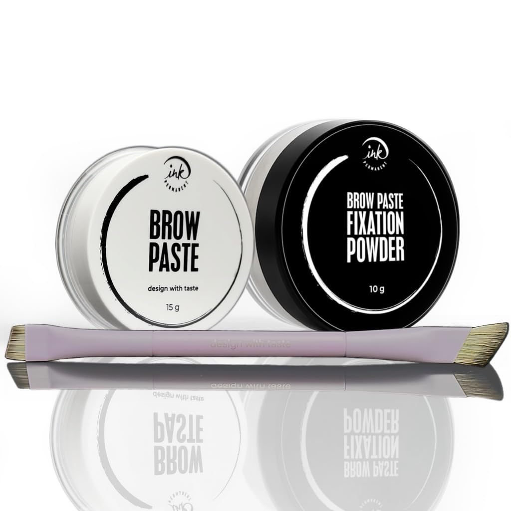 Ink Permanent Eyebrow Mapping Kit with Setting Powder, Eyebrow Brush and Brow Paste, Brow Mapping Tool, White Paste for Outlining & Fixation Powder, Professional Shaping Tool