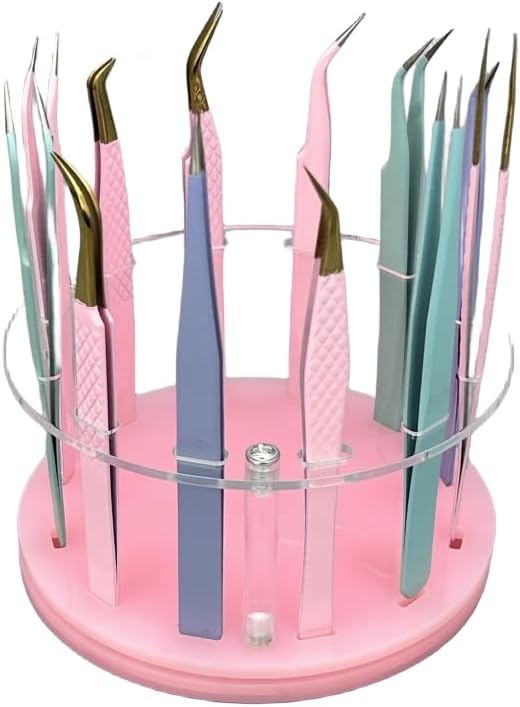 12 Holes Rotatable Acrylic Tweezers Holder, Grafting Eyelash Makeup Tweezer Stand Display Extensions Organizer Individual Training Tools (Pink)