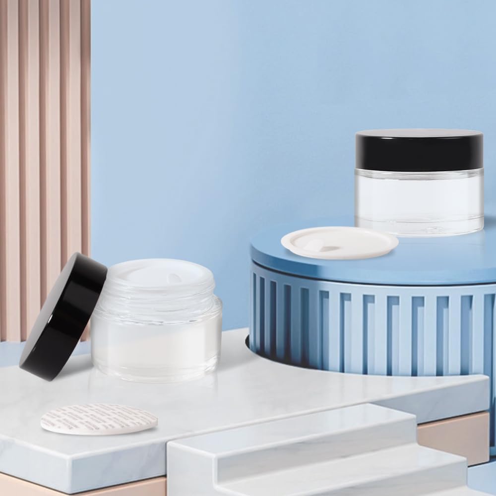 4 pack 1oz Glass Jars Round Empty Cosmetic Containers, Refillable Glass Jars with Lids for Face Creams, Lotions, Powders,Salves Ointments,Potravel Storage