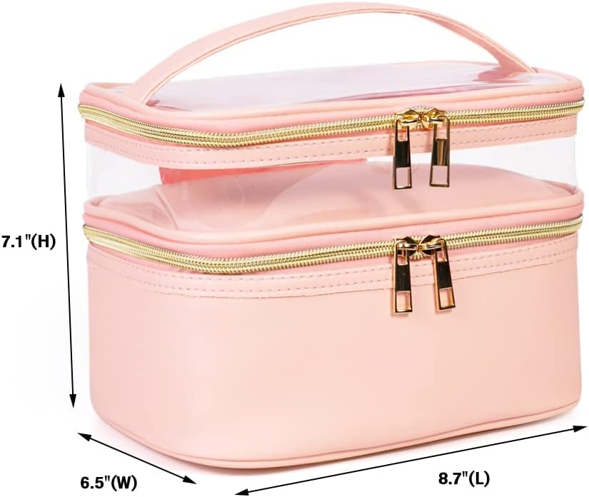FITINI Makeup Bags Double Layer Travel Storage Cosmetic Cases Make up Organizer Toiletry Bags Water-resistant for Women Makeup Brush Bag,Light Pink