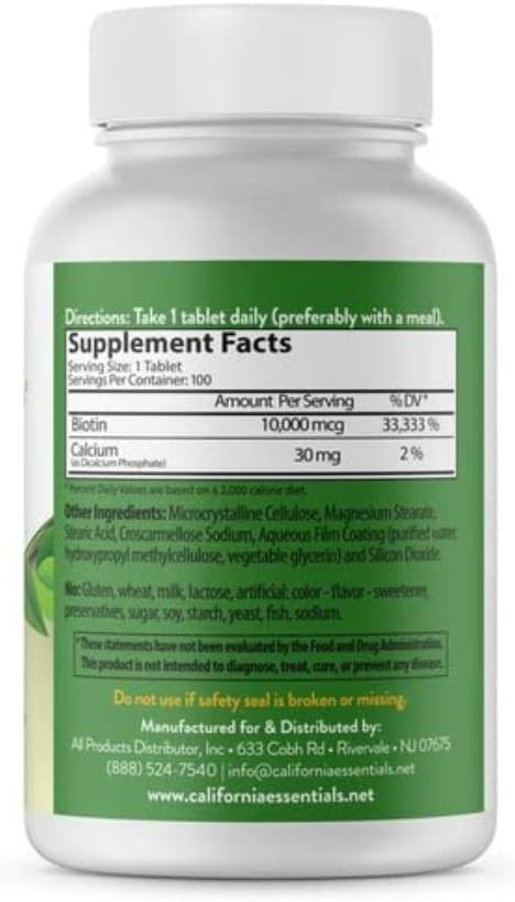 California Essentials Biotin 10000mcg | Vitamin B7 Promotes Healthy Skin, Hair & Nail Growth | High Potency Dietary Supplement for Men & Women | Non-GMO, Vegan, Gluten & Dairy Free (100 Tablets)
