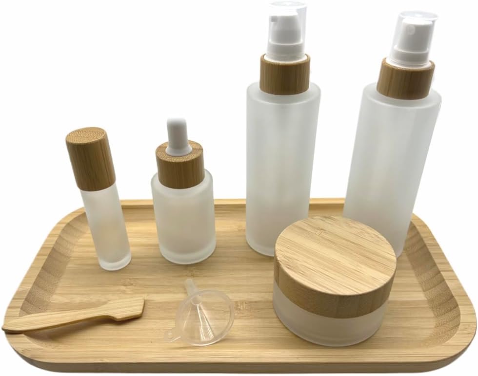 Empty Refillable Frosted Glass Cosmetic Containers with Bamboo Cover - 5 Pack, Spray Bottle, Lotion Pump, Dropper, Roller and Cream Jar for Cosmetic Storage with Tray