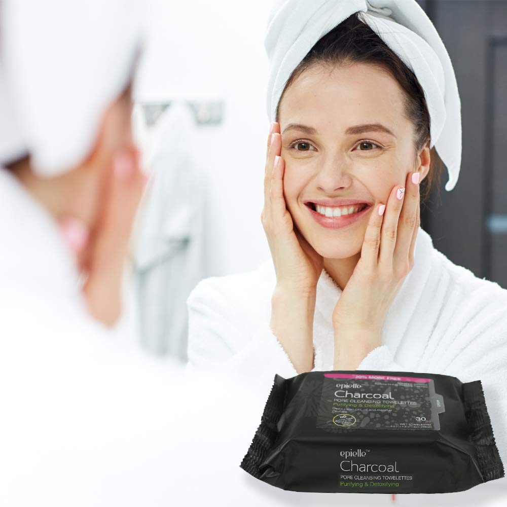 Epielle Charcoal Makeup Remover Wipes, Pore Cleaning Facial Cleanser Towelettes, Purifying & Detoxifying, Remove Dirt, Oil, Waterproof Mascara, Hypoallergenic & Alcohol-Free, 30 Count (Pack of 6)