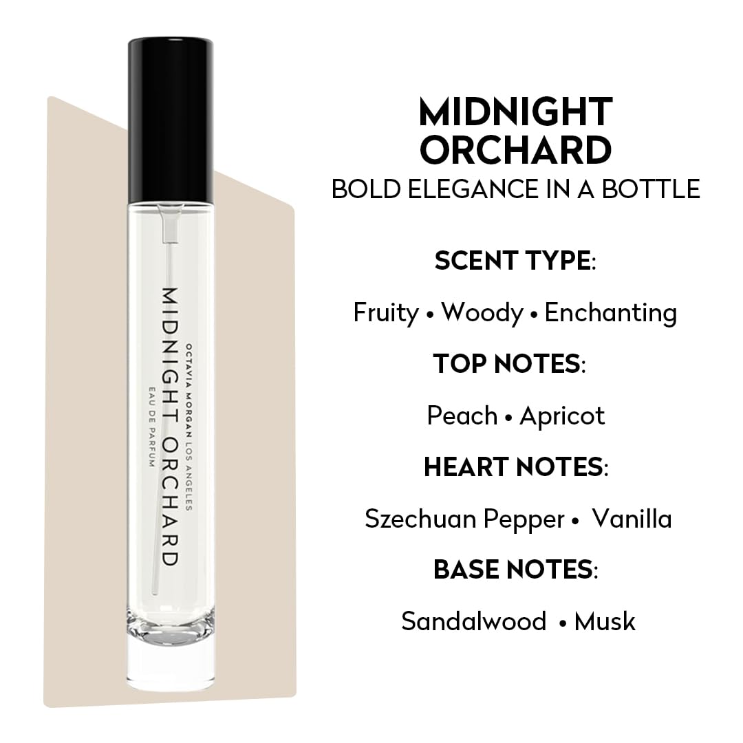 OCTAVIA MORGAN Midnight Orchard Eau De Parfum- Travel Perfume with Lush Peach, Golden Apricot & Smooth Sandalwood for a Fruity-Woody Signature - Graceful Fragrance Designed to Captivate All Day - 10ML