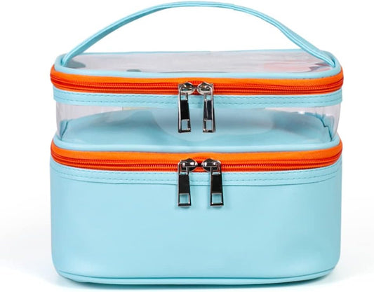 FITINI Large Makeup Bags Double Layer Travel Cosmetic Cases Make-up Organizer Water-resistant Toiletry Bags for Women Makeup Brush Storage Bag,Light Blue