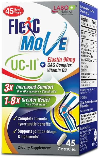 LABO Nutrition FlexC Move, Advanced UC-II Collagen Supplement for Joints Support, Enhanced with Elastin, Collagen Types I, V, X, Glucosamine, Chondroitin, Vitamin D3 - for Targeted Recovery