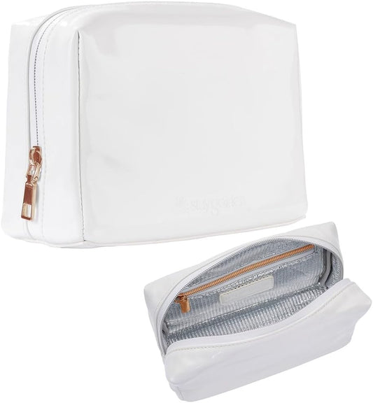 Stay Golden Insulated Waterproof Makeup Bag for Women Heat-Resistant Travel Cosmetic & Toiletry Bag | Luxurious Vegan Leather Portable Makeup Organizer - (Gold Zipper, White)