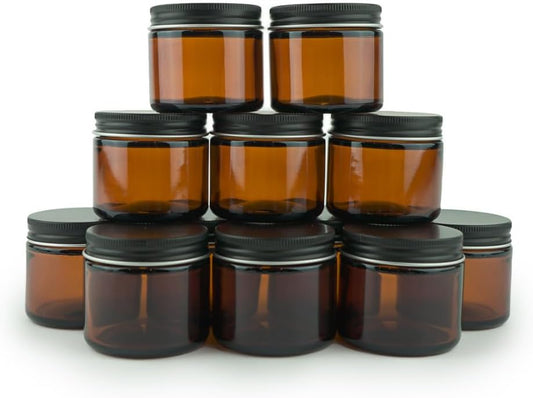 Glass Amber 2oz Jar - 12 Packs, Empty Round Jars For Beauty Products, Lotion, and Powders - Black Lid - Small Candle Jars