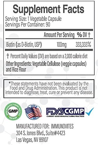 High Dose Biotin (as d-Biotin, USP) 100mg (Equivalent to 100,000mcg) 90 Capsules, High Potency