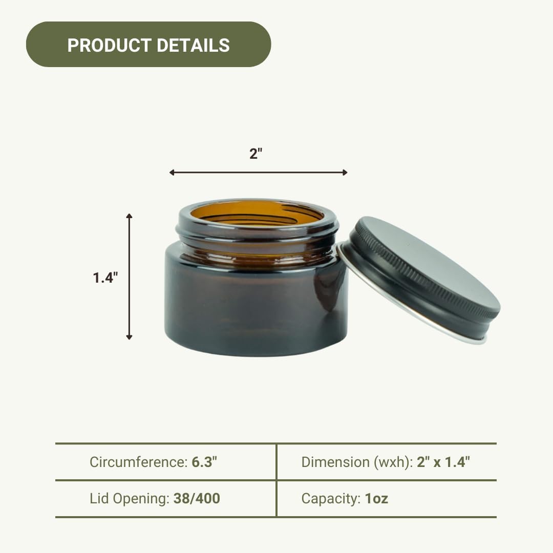 Glass Amber 1oz Jar - 12 Packs, Empty Round Jars For Beauty Products, Lotion, and Powders - Black Lid - Small Candle Jars