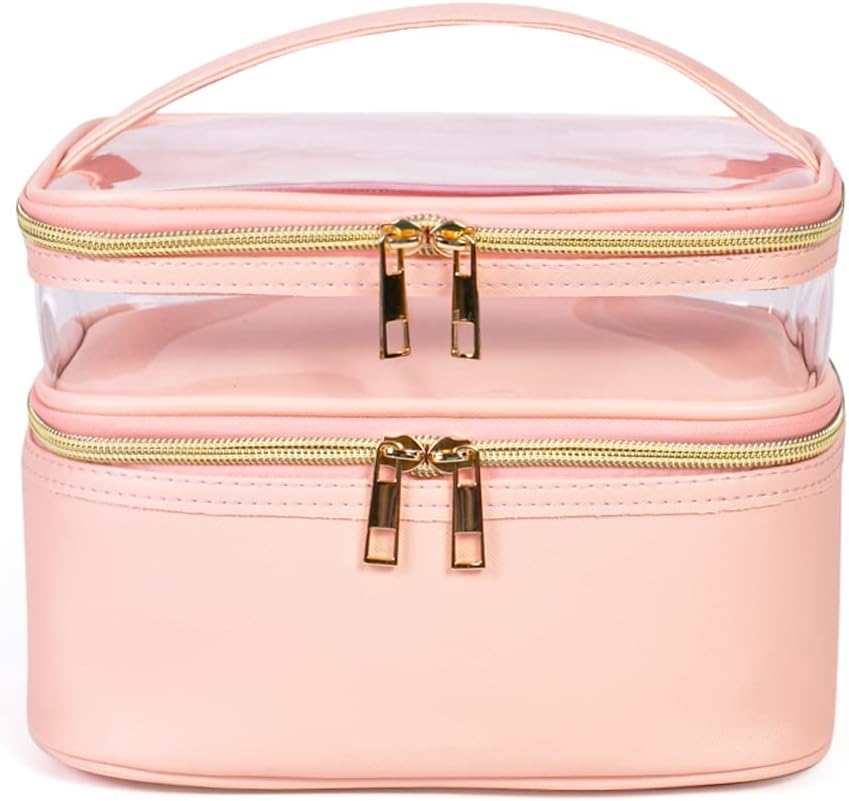 FITINI Makeup Bags Double Layer Travel Storage Cosmetic Cases Make up Organizer Toiletry Bags Water-resistant for Women Makeup Brush Bag,Light Pink