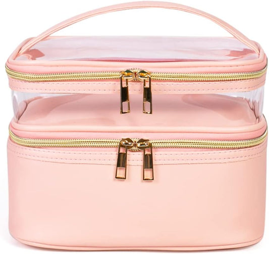 FITINI Makeup Bags Double Layer Travel Storage Cosmetic Cases Make up Organizer Toiletry Bags Water-resistant for Women Makeup Brush Bag,Light Pink
