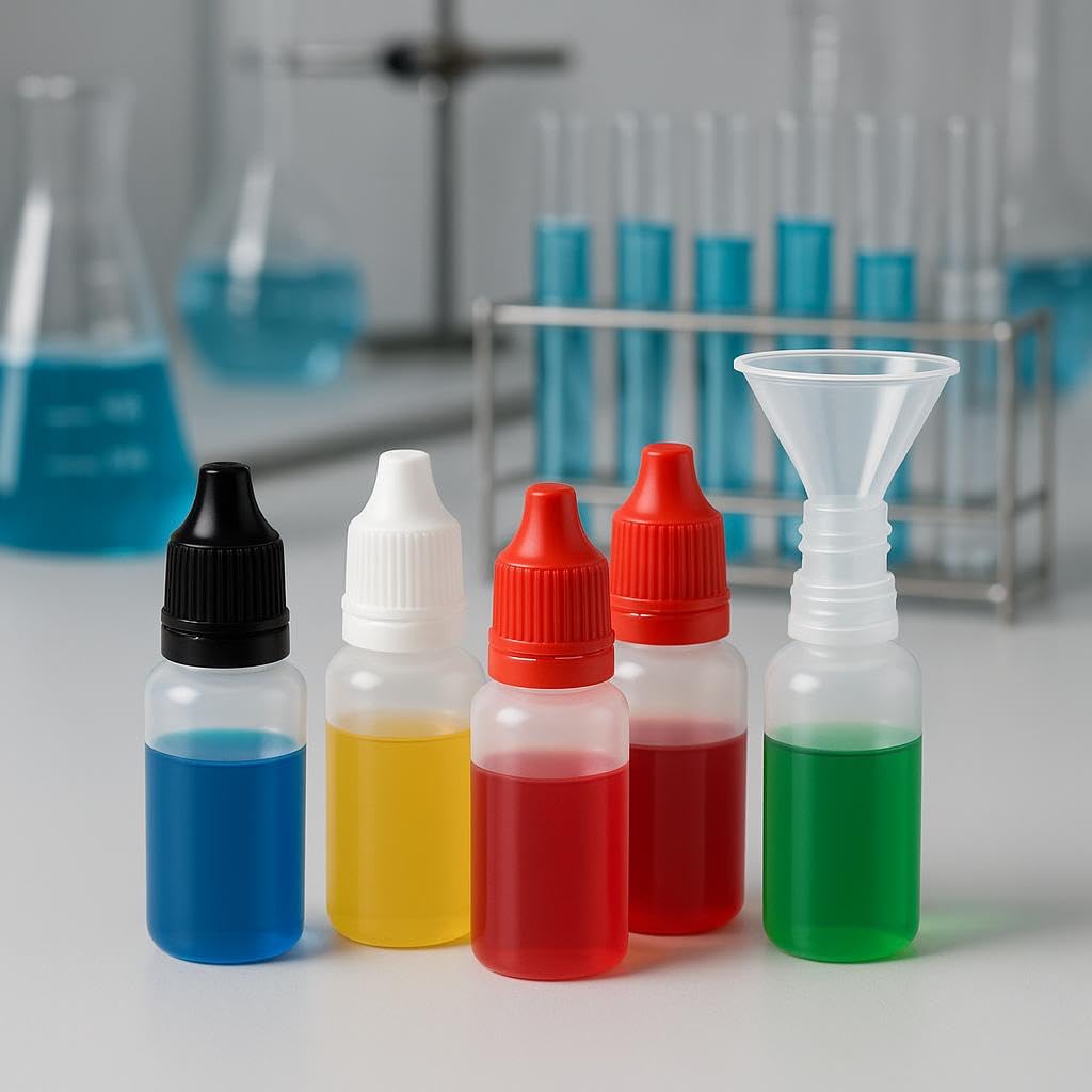 10 PCS (6 Bottles + 4 Funnel) 15ml Small Plastic Dropper Bottles - White Black & Red Eye Liquid Dropper Bottles, Squeezable & Portable Travel Containers for Eye Drops, Refillable with Cap and Plug