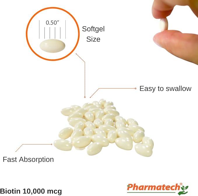 Biotin Vitamin for Hair Growth, Biotin 10000mcg, Improves Skin and Nails Quality, Vitamin B7, Supplement for Women, Gluten Free, 120 Softgels