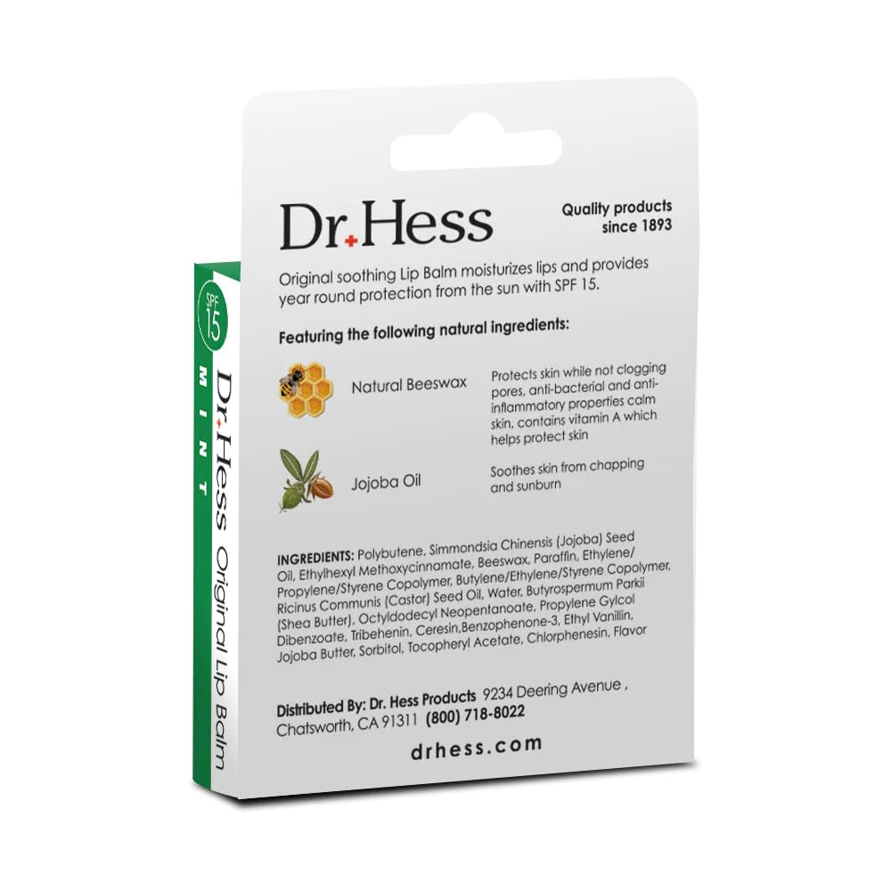 Dr. Hess Original Udder Stick SPF Lip Balm, Soothing Moisturizer Sun Screen Balm for Dry Lips with Jojoba, Beeswax & Shea Butter, Total Lip Care, Hydration & Repair, Mint Flavor, 4 Pack