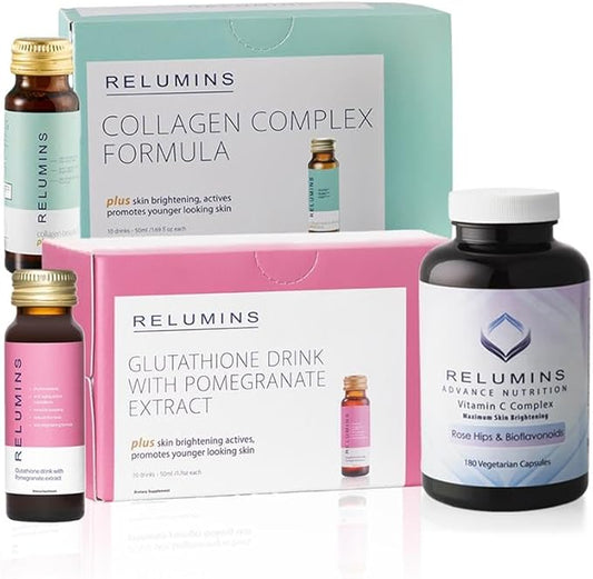 Relumins Advance Beauty Supplement Set – Collagen Drink, Glutathione Drink & Vitamin C 1000mg with Rose HIPS & Bioflavonoids, Hyaluronic Acid & CoQ10
