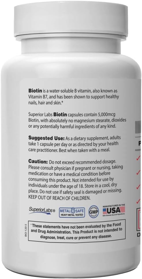 Superior Labs – Best Natural Biotin NonGMO Supplement – for Luscious Longer Hair and Lashes – Stronger Nails – Healthy Skin – Energy Booster – Healthy Weight - 5000 mcg, 120 Vegetable Caps