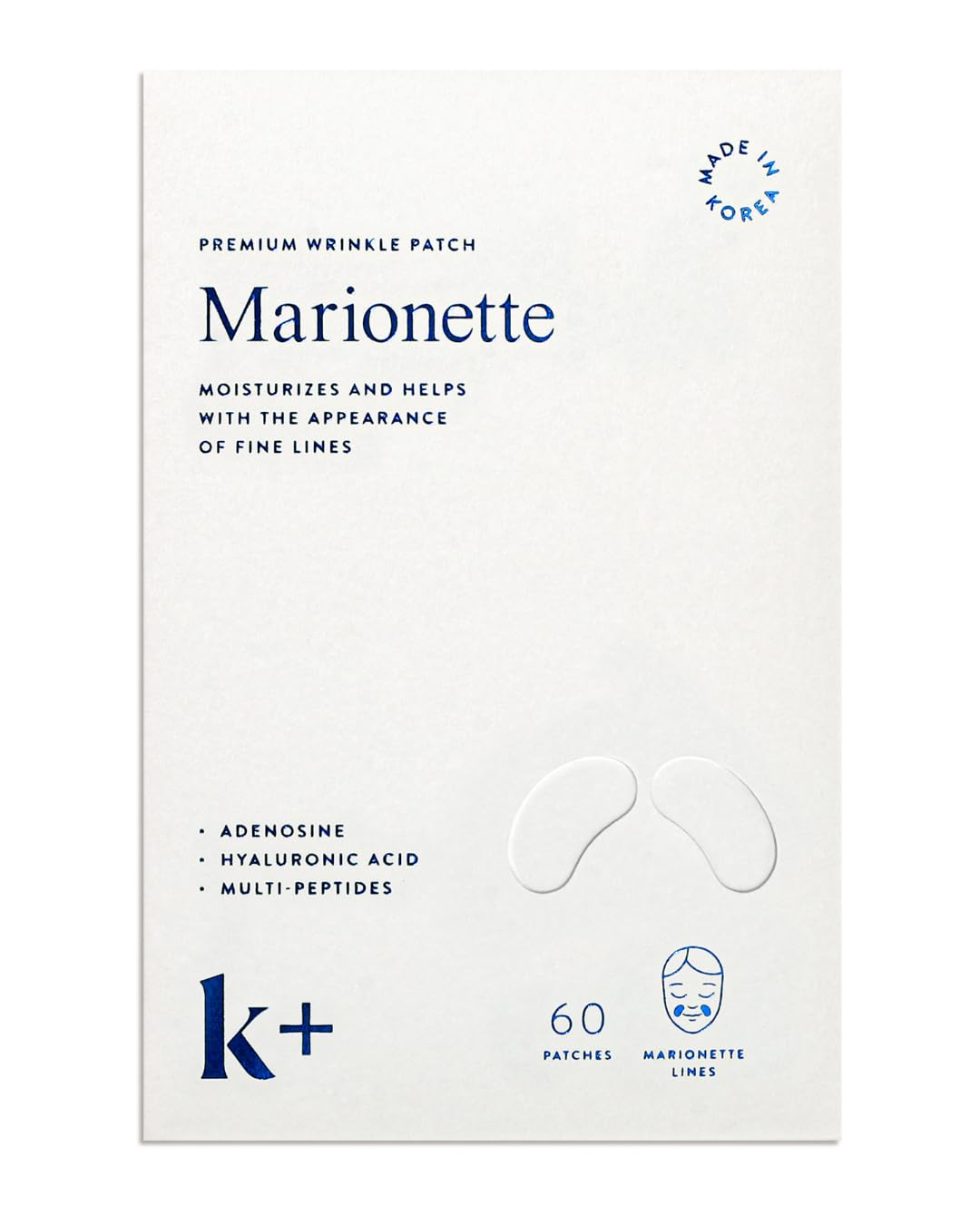 K+ Wrinkle Patches for Marionette, Smile Lines with Hyaluronic Acid, Adenosine and Peptides - Korean Overnight Mindful-Aging Facial Stickers (60 Count)