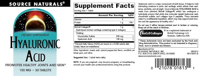 Source Naturals Hyaluronic Acid, Promotes Healthy Joints and Skin* 100mg - 30 Tablets