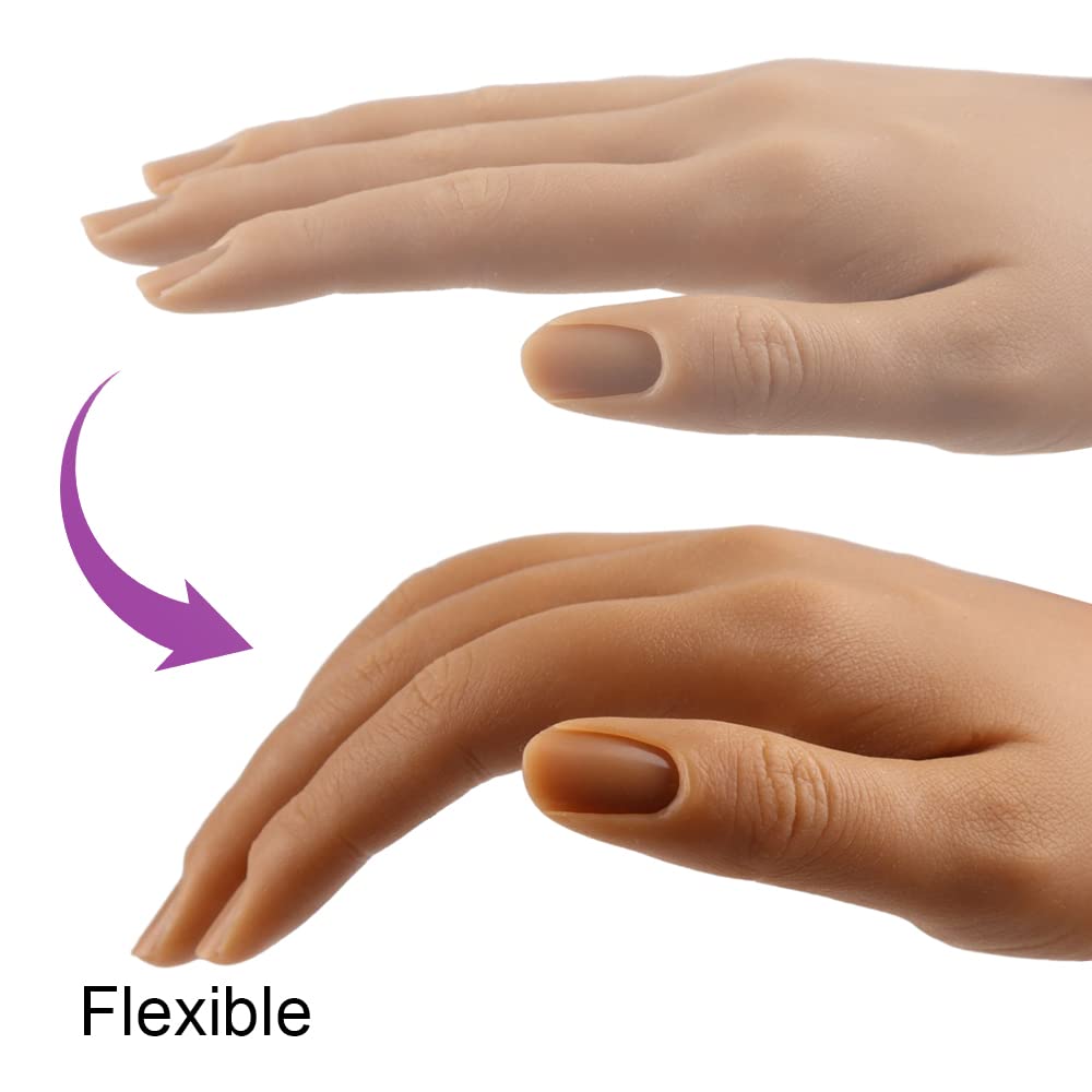 Nail Hand Practice Silicone Female Mannequin Life Size Hand as Sketch Nail Practice Hands Jewelry Ring Glove Watch Display with Nail 18cm (Right hand, Light brown)