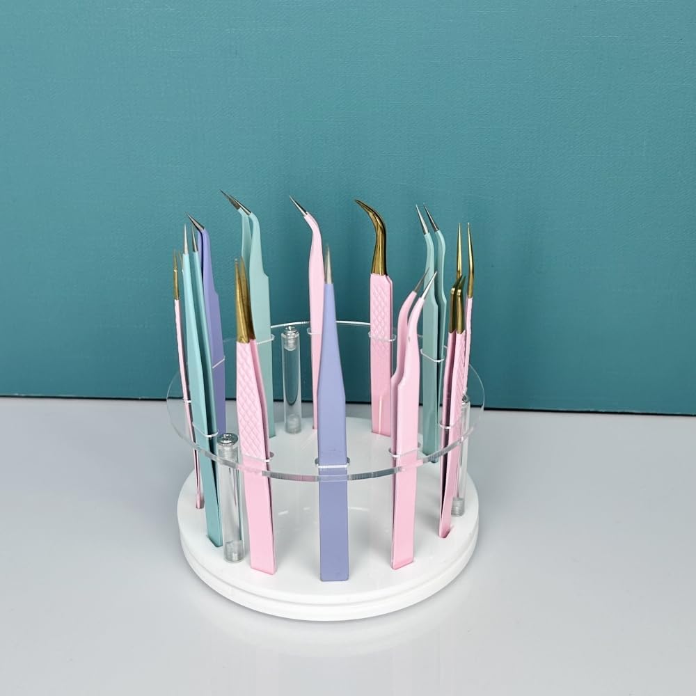 12 Holes Rotatable Acrylic Tweezers Holder, Grafting Eyelash Makeup Tweezer Stand Display Extensions Organizer Individual Training Tools (White)