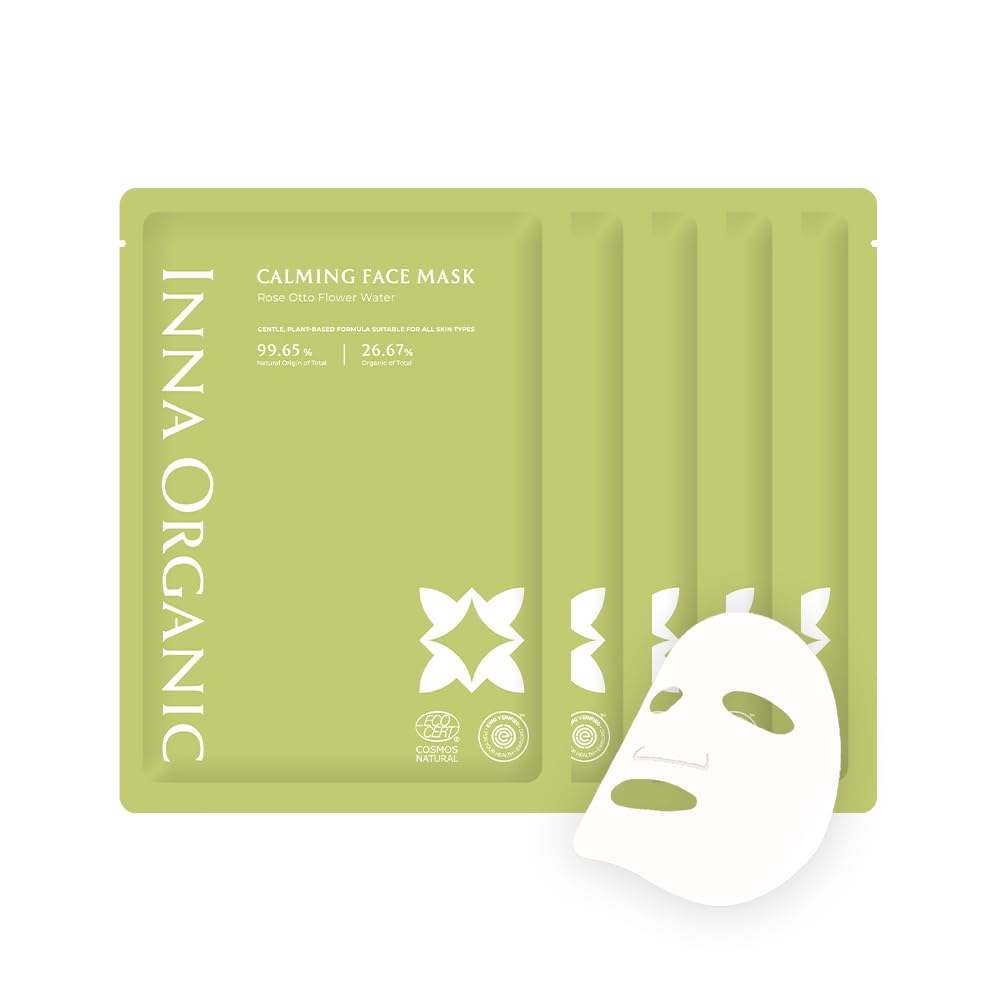 INNA ORGANIC Sheet Mask - Calming & Soothing, EWG & COSMOS Certified (Pack of 5) | Green Tea & Rose Infused Skin Care | Luxury Clean Beauty