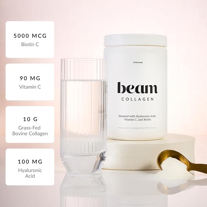 Beam Collagen Powder, Collagen for Women, Collagen with Hyaluronic Acid, Collagen Peptides Type 1 and 3, with Biotin, Grass Fed Bovine, Third-Party Tested, Best for Coffee, Vitamin C, 5 Servings