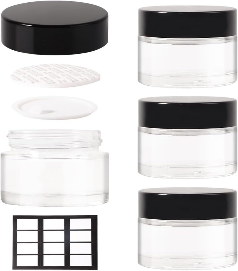 4 pack 1oz Glass Jars Round Empty Cosmetic Containers, Refillable Glass Jars with Lids for Face Creams, Lotions, Powders,Salves Ointments,Potravel Storage