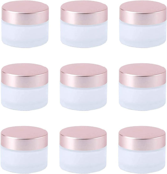 10 Pcs 15 Gram/15ml Empty Jars Clear Frosted Glass Cream Jar Pot Bottles with Rose Gold Lids Cosmetic Container Refillable Glass Eye Cream Jar Pot for Face Lotion Eyeshadow Lip Balms