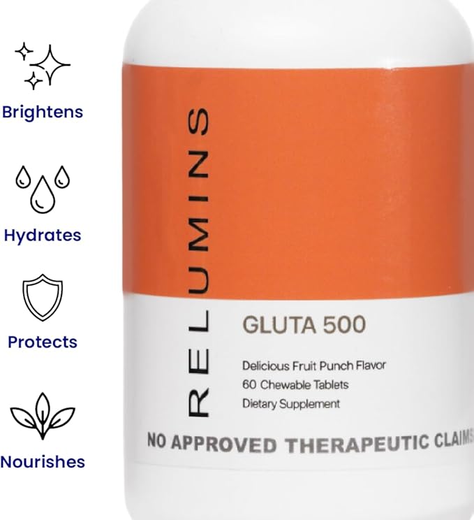 Relumins Gluta 500 - Chewable/Sublime Wall Glutathione Complex with Advanced Skin Nutrition - Hyaluronic Acid, VIT C, Biotin Plus 4 Powerful Actives - Fruit Punch Flavored - 60CT
