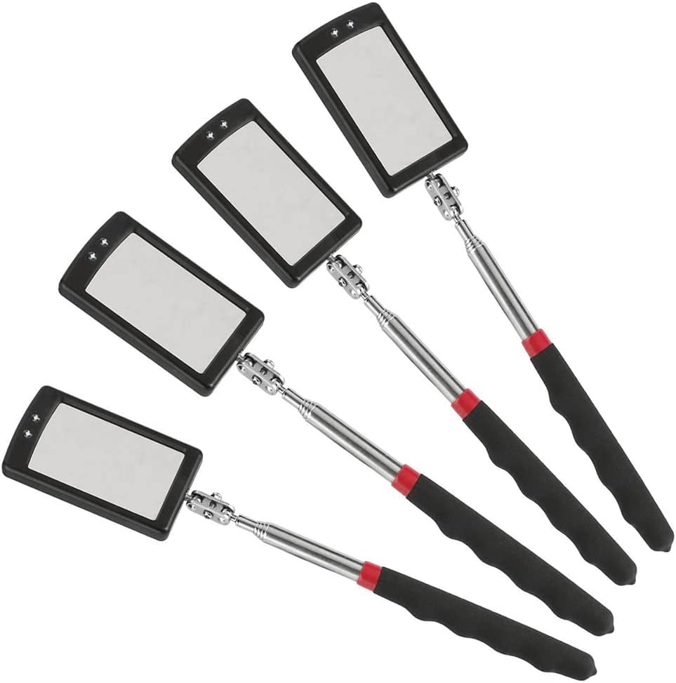 Telescoping Inspection Mirror Mechanics Mirror with 2 LED Lighted, Mirror on a Stick Handle Tool for Checking Observing Vehicle Small Parts,Present for Christmas, Birthday Everyday Carry (4 PCS)