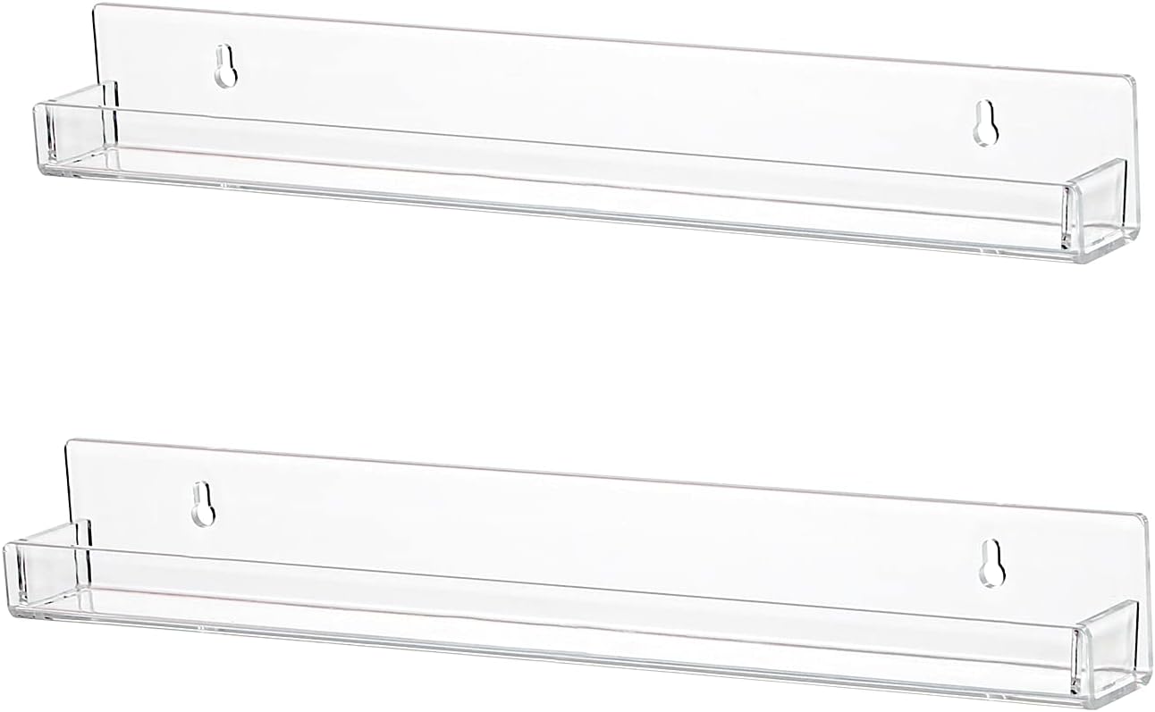 LikeU Nail Polish Rack Wall Mounted Shelf 2 Pack,Clear Acrylic Nail Polish Holder Organizer with Removable Anti-Slip End Inserts,2 Tiers Floating Polish Organizer Display 30 Bottles