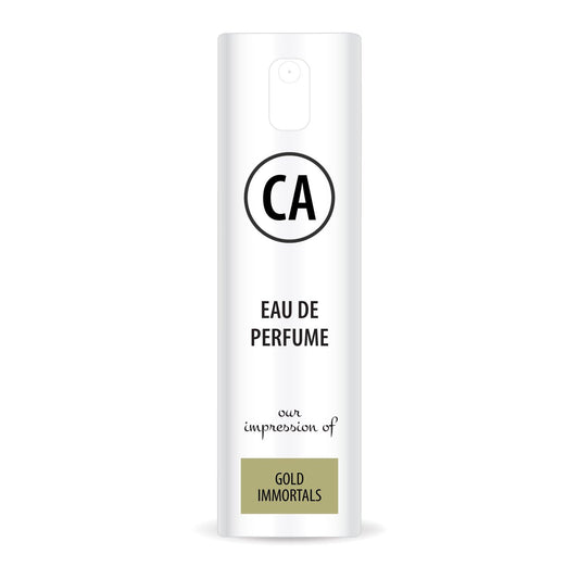 CA Perfume Impression of Gold Immortals Unisex Eau De Parfum Amber Floral Scent Long Lasting Unisex Fragrance Travel Size TSA Ready for Day and Night Wear 0.33 Fl Oz 10ml