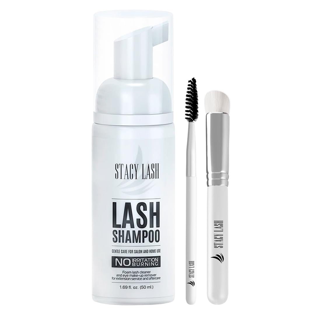 STACY LASH Eyelash Extension Shampoo + Brush / 1.69 fl.oz / 50ml / Eyelid Foaming Cleanser/Wash for Extensions & Natural Lashes/Safe Makeup Remover/Supplies for Professional & Home Use