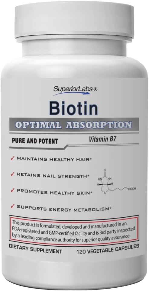 Superior Labs – Best Natural Biotin NonGMO Supplement – for Luscious Longer Hair and Lashes – Stronger Nails – Healthy Skin – Energy Booster – Healthy Weight - 5000 mcg, 120 Vegetable Caps