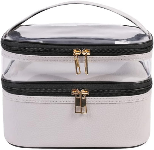 FITINI Makeup Bags Double Layer Travel Storage Cosmetic Cases Make up Organizer Toiletry Bags Water-resistant for Women Makeup Brush Bag,Gray