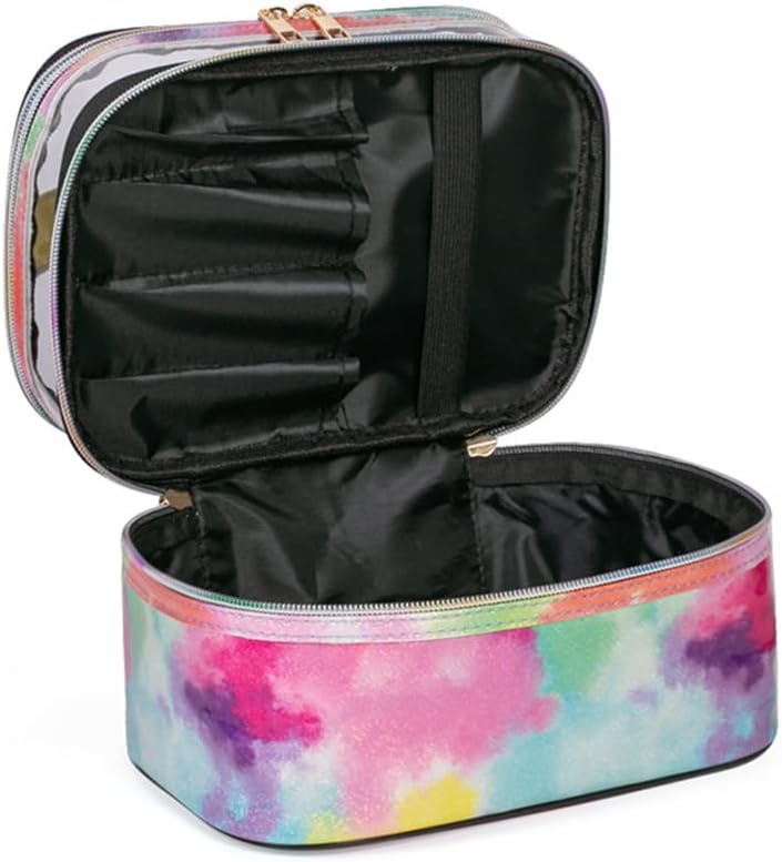 FITINI Makeup Bags Double Layer Travel Storage Cosmetic Cases Make up Organizer Toiletry Bags Water-resistant for Women Makeup Brush Bag,Tie Dyed
