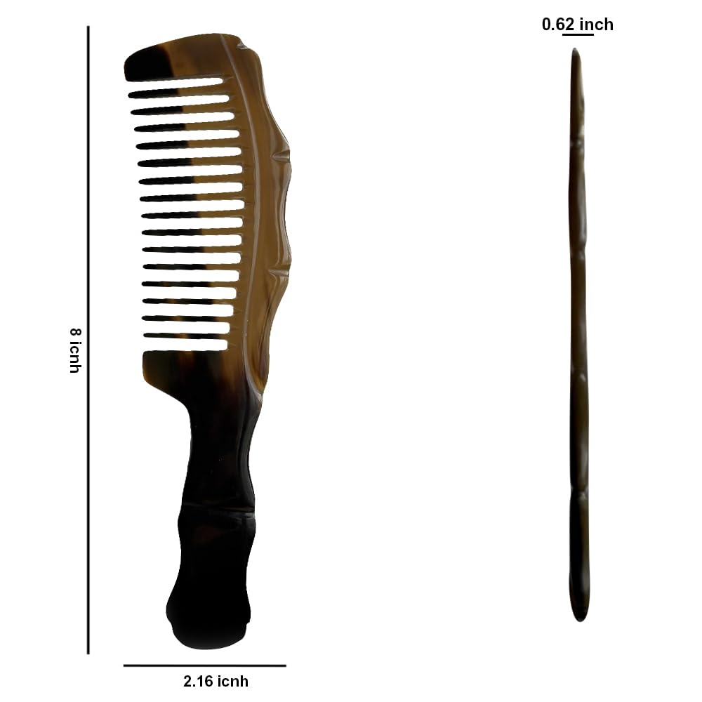 Natural Buffalo Horn Hair Comb, 8 Inch Wide Tooth, Handmade Detangling Comb with Handle for All Hair Types