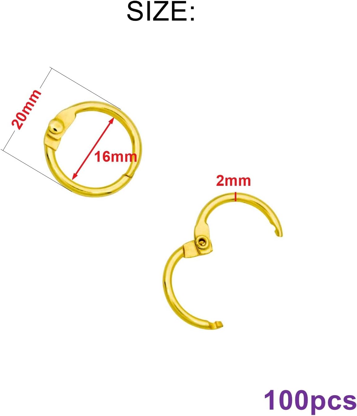 Loose Leaf Binder Rings Inner Dia: 0.65 inch(16mm) 100pcs Metal Golden Book Binder Rings Paper Rings Clips Key Rings Index Cards Rings Great for Home School Office