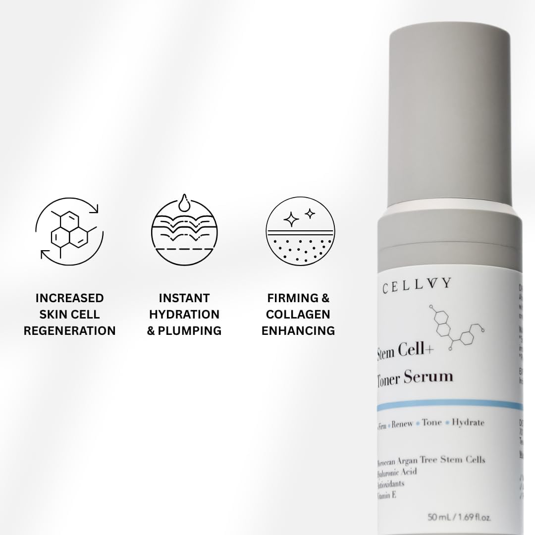 Korean Stem Cell + Toner Serum w/Moroccan Argan Tree Stem Cells, Hyaluronic Acid & Antioxidants, Firming, Hydrating, Anti-Aging, Boosts Collagen Production, Cooling w/Aloe Vera