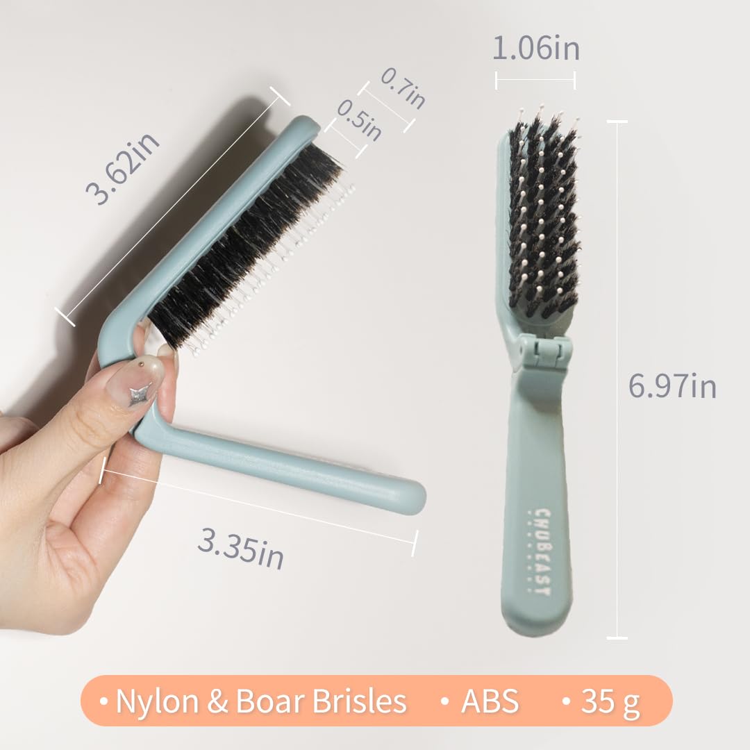 Uffy MiniPop Travel Hair Brush – Mini Folding Boar Bristles for Women, Men & Kids | Kid-Friendly Portable Purse Brush for Wet & Dry Hair, Curly or Straight | Pocket-Size Detangler – Dusty Mint