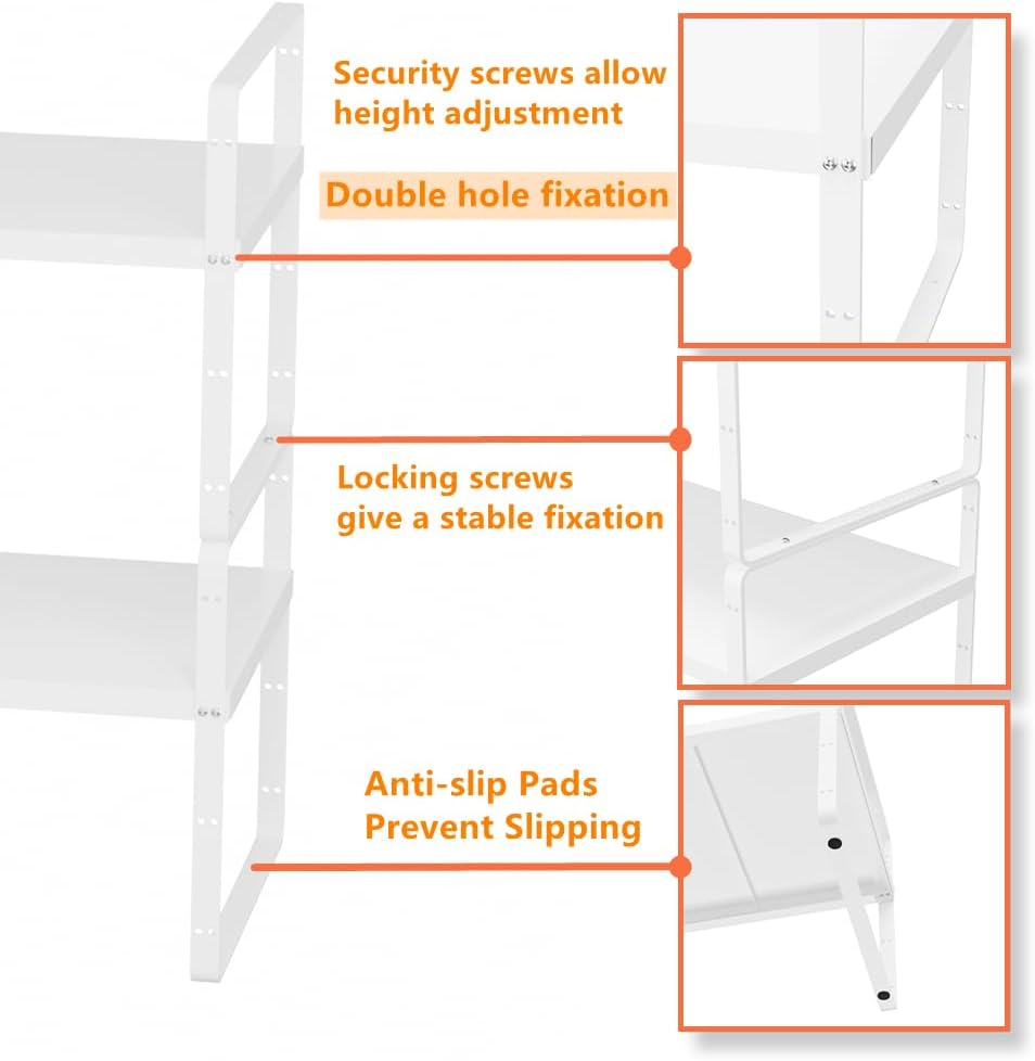 Slideep Expandable Counter Organizer Shelf, Stackable Cabinet Shelves Organizer Storage Rack Cupboard Stand Spice Rack for Kitchen Bathroom Pantry White -2 Set