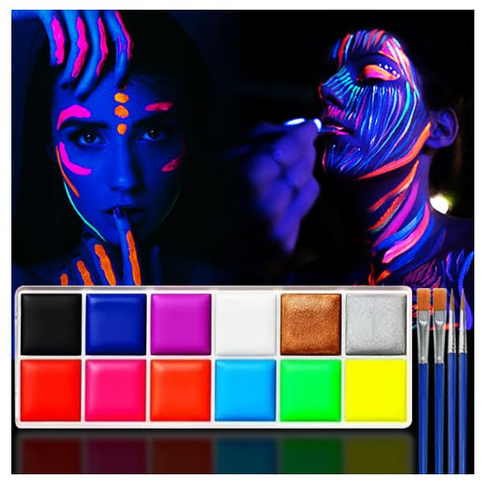 Glow in The Dark Face Body Paint, Glow In The Dark Under UV Black Light Sticks Makeup Neon Face Painting Kits for Adult Halloween Festival Accessory Glow Party Supplies (12 color Painting)